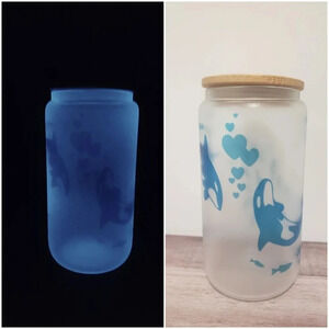 Killer whale glow in the dark glass cup with‎ lid and straw